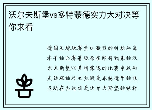 沃尔夫斯堡vs多特蒙德实力大对决等你来看