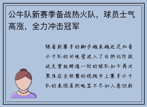公牛队新赛季备战热火队，球员士气高涨，全力冲击冠军