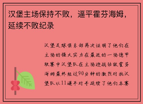 汉堡主场保持不败，逼平霍芬海姆，延续不败纪录